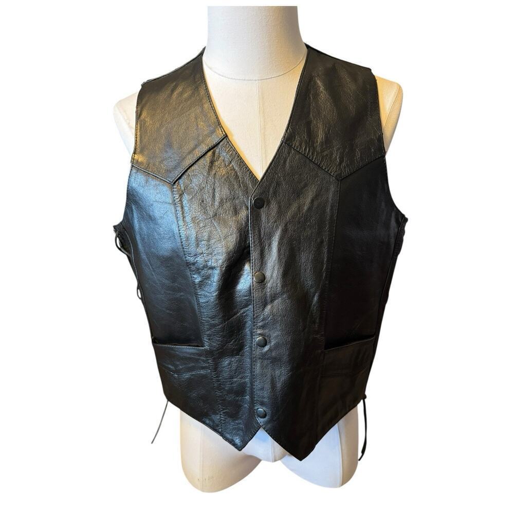 Vintage Genuine Leather Black Motorcycle Vest Side Lacing Pockets Men's XL Biker
